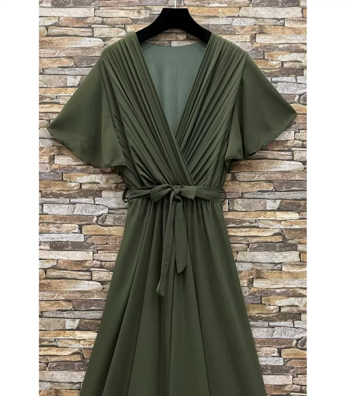 Elle Style Elise khaki pitkä juhlamekko vyöllä