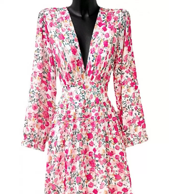 Elle Style Julietta pinkki kukkakuvioinen maksimekko helminapeilla