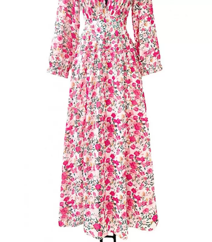 Elle Style Julietta pinkki kukkakuvioinen maksimekko helminapeilla