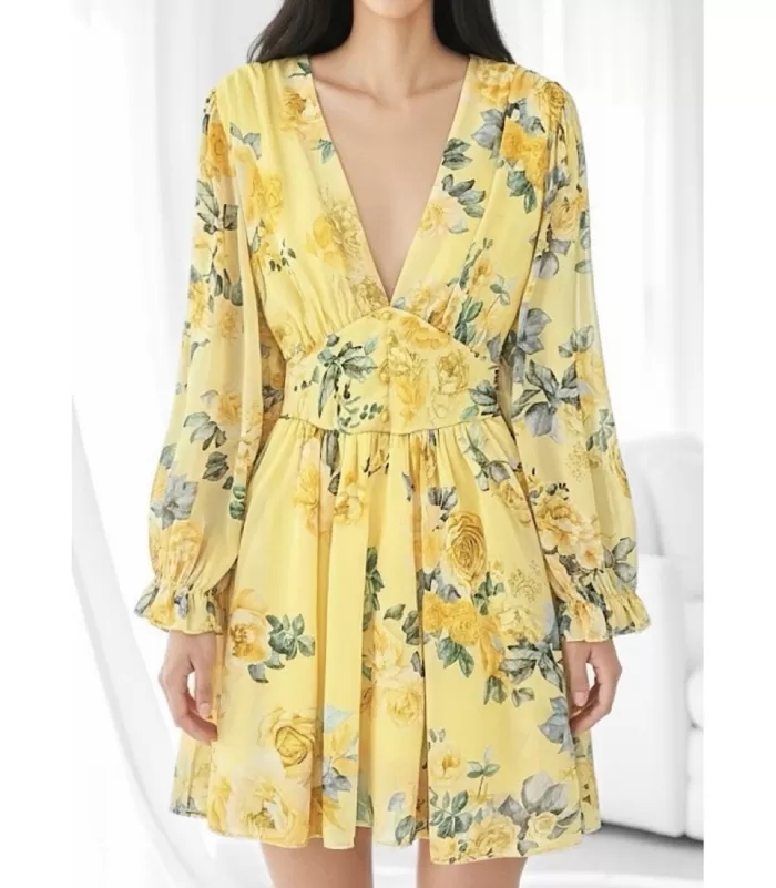 Elle Style Juliette keltainen ruusukuvioinen mekko helminapeilla