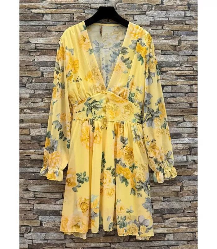 Elle Style Juliette keltainen ruusukuvioinen mekko helminapeilla