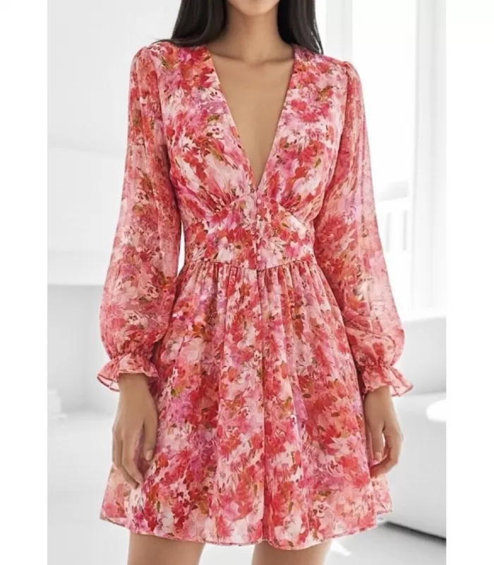 Elle Style Juliette punainen kukkakuvioinen mekko helminapeilla