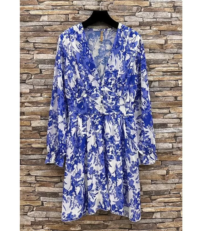 Elle Style Juliette sinivalkoinen kukkakuvioinen mekko helminapeilla