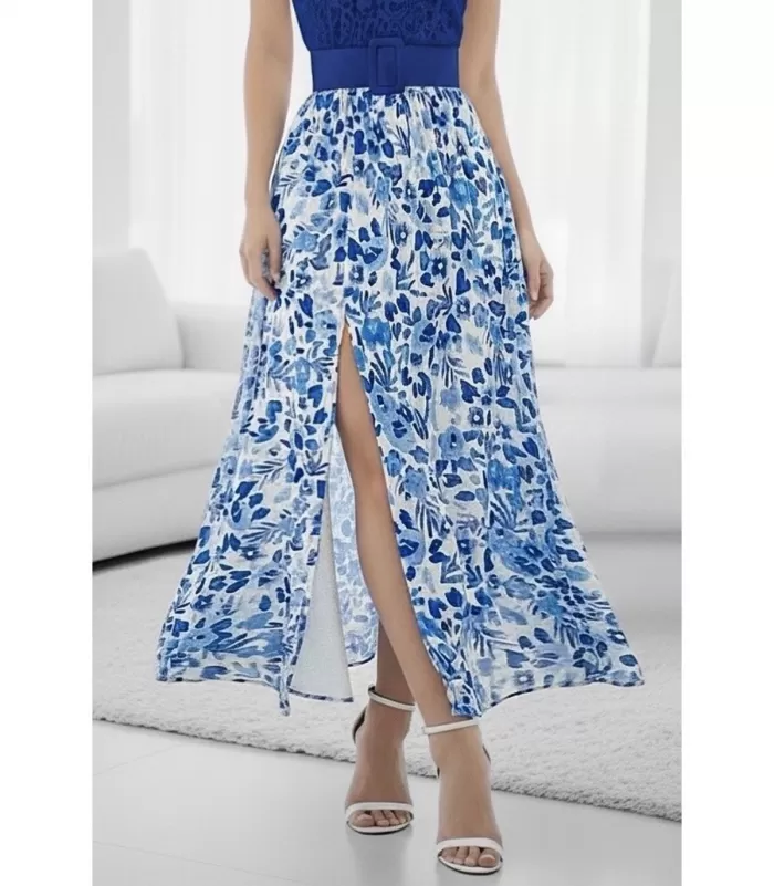 Elle Style Latina sininen kuviollinen maksihame halkiolla