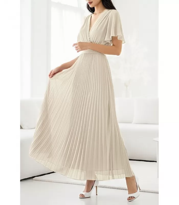 Elle Style Loriana lyhythihainen beige pitkä vekkimekko
