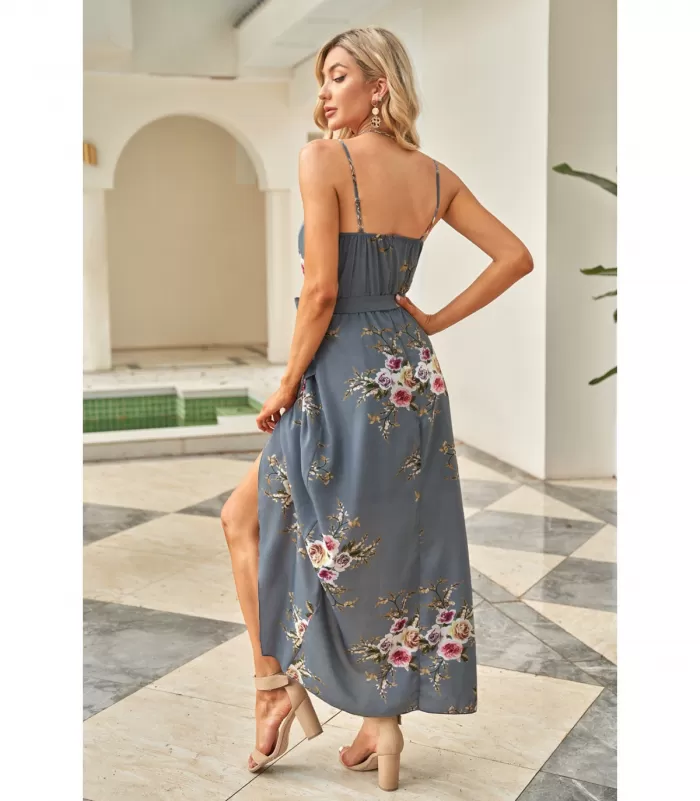 Harmaa kukkakuvioinen wrap-look v-maksimekko