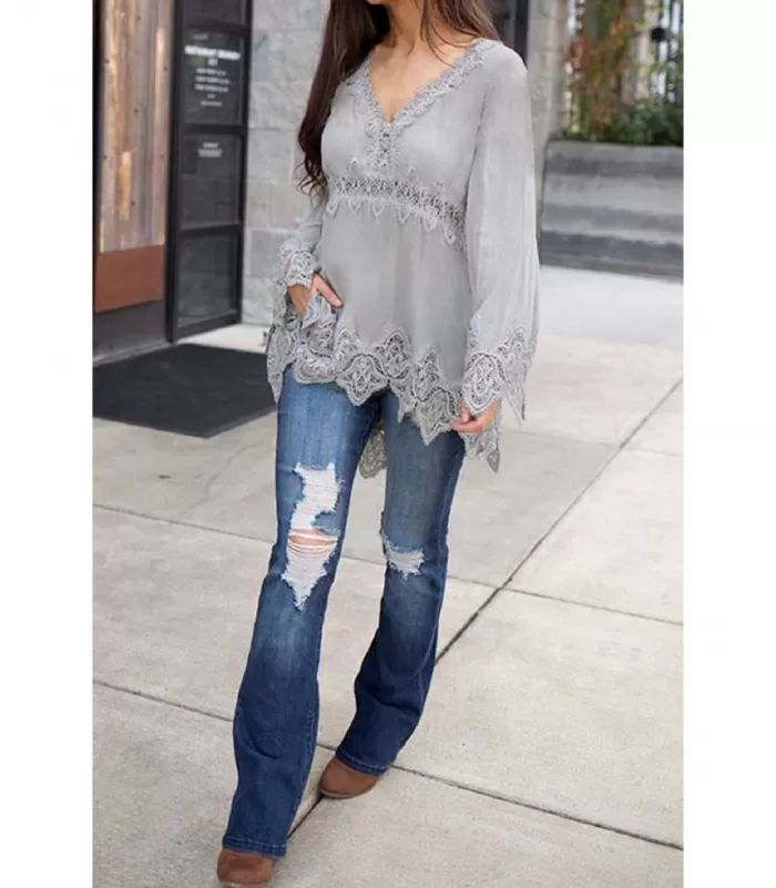 Harmaa pitsikoristeinen leveähihainen v-pusero [TAMMIALE -20%]