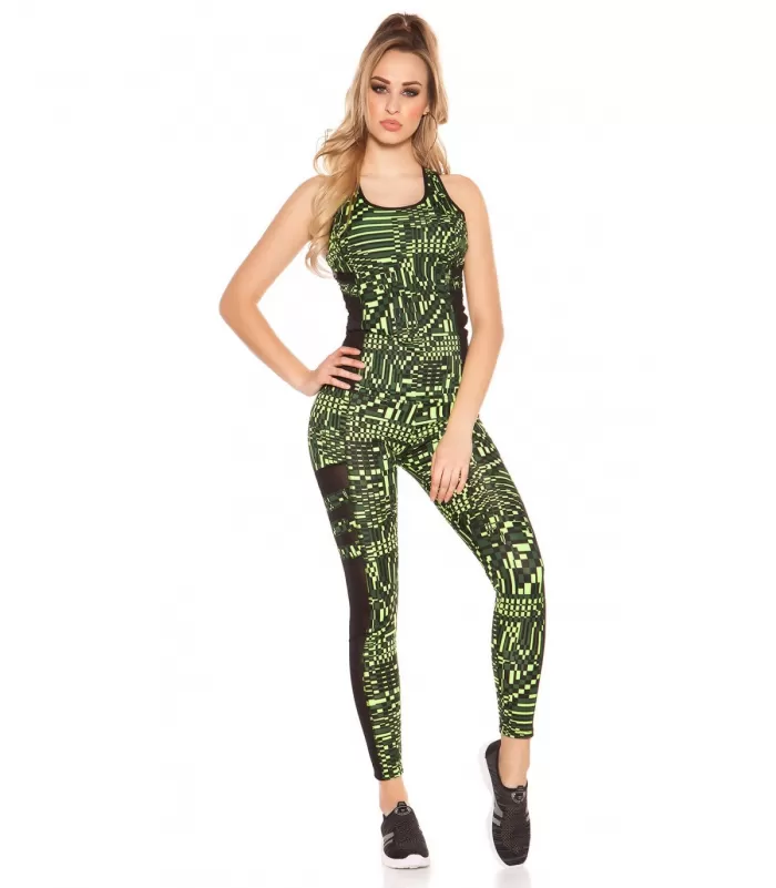 Keltaiset printtikuvioiset mesh treenitrikoot + toppi