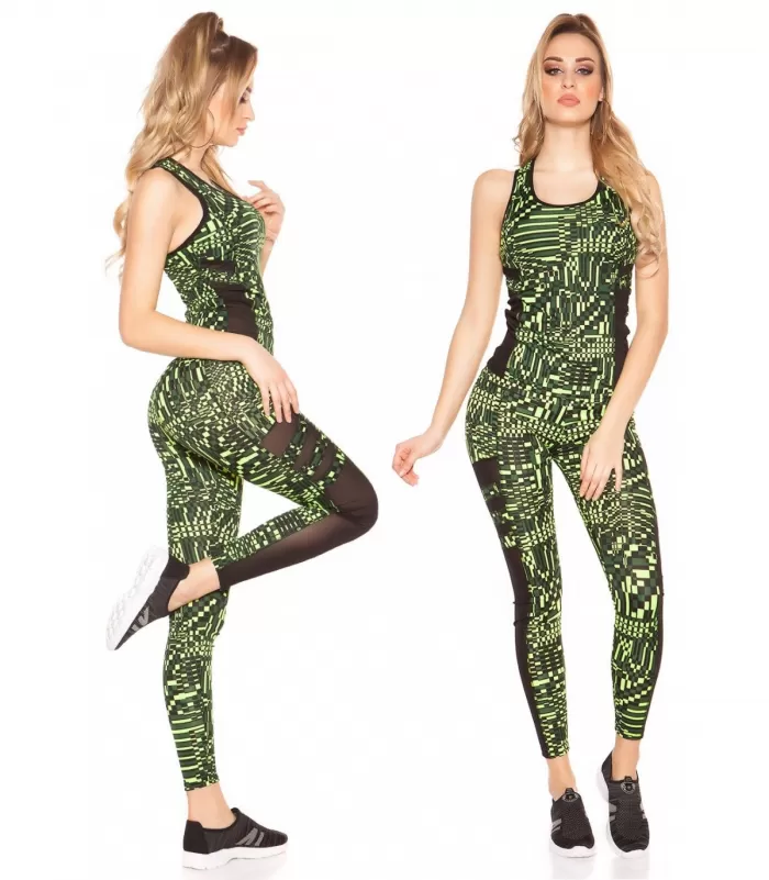 Keltaiset printtikuvioiset mesh treenitrikoot + toppi [LÖYTÖ]