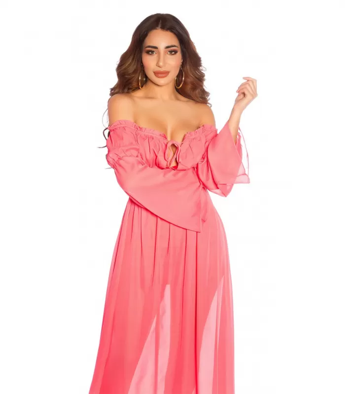Koralli pitkähihainen off-shoulder mesh-maksimekko