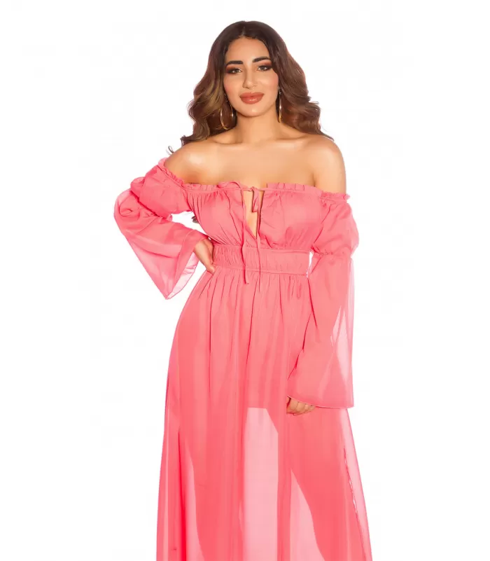 Koralli pitkähihainen off-shoulder mesh-maksimekko