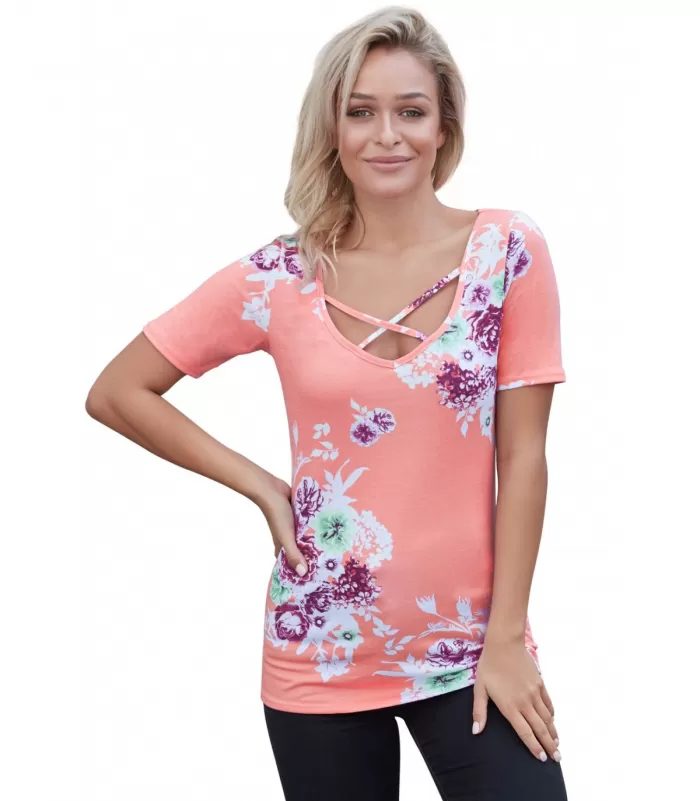 Koralli ristikkokoristeinen lyhythihainen kukkapaita [TAMMIALE -20%]