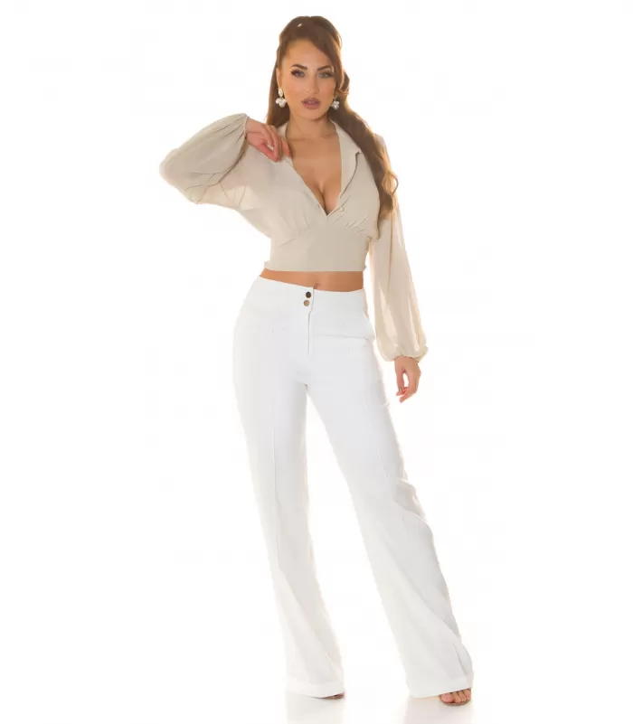 Koucla beige lyhyt v-pusero pussihihoilla