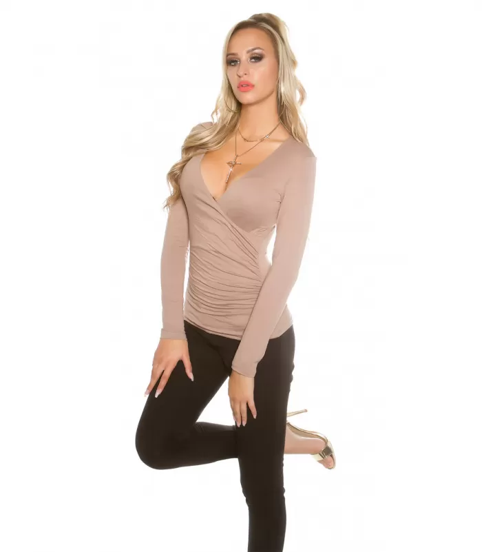 Koucla cappuccino pitkähihainen wrap-look v-paita (plus size)