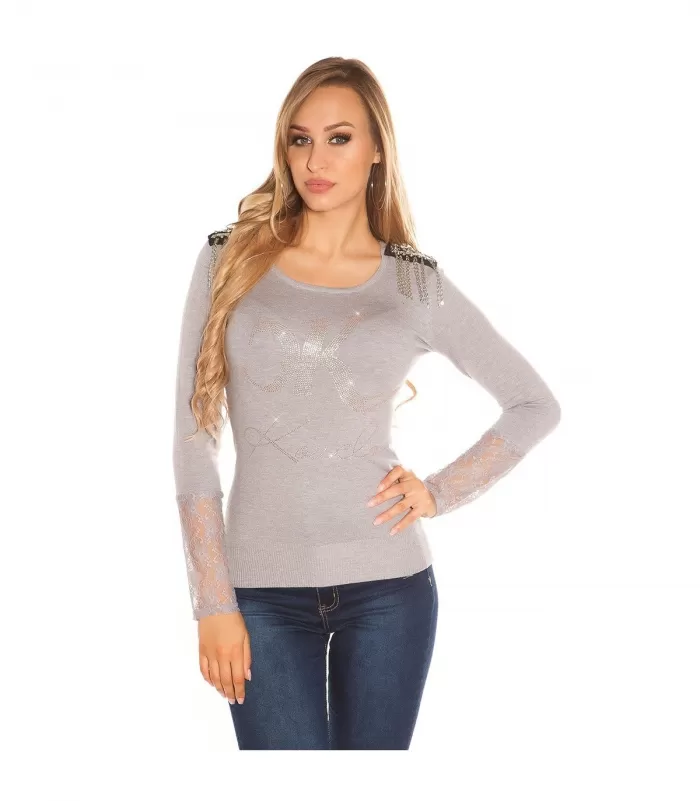 Koucla harmaa niittiketju neule