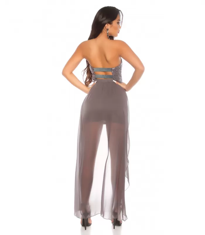 Koucla harmaa olkaimeton minimekko paljeteilla ja sifonkihelmalla