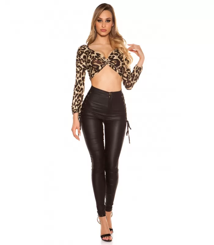 Koucla leopardikuvioinen pitkähihainen lyhyt v-solmupaita