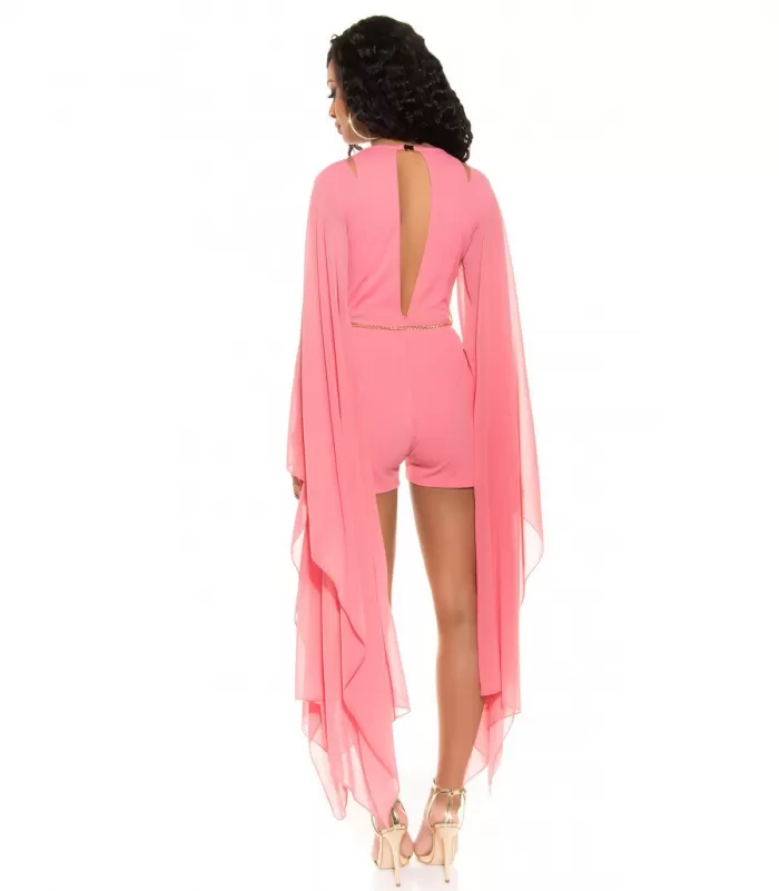 Koucla lohenpunainen playsuit sifonkihihoilla ja vyöllä