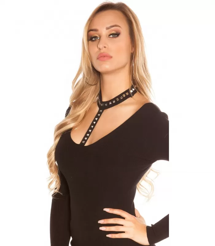 Koucla musta niittikoristeinen choker neule [LÖYTÖ]