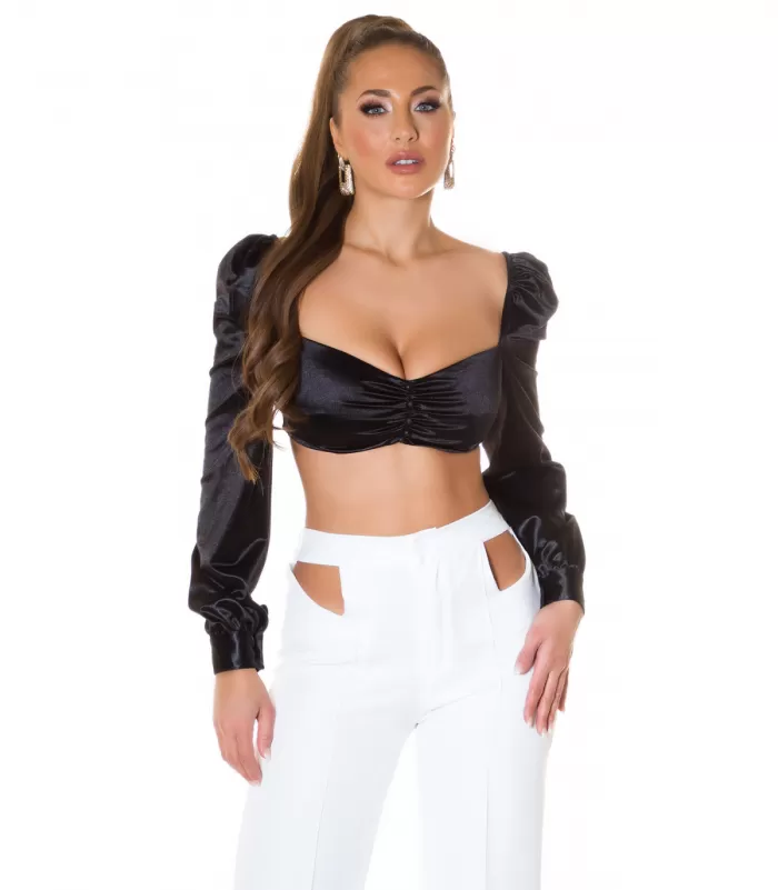 Koucla musta pitkähihainen lyhyt satiinipaita helmillä