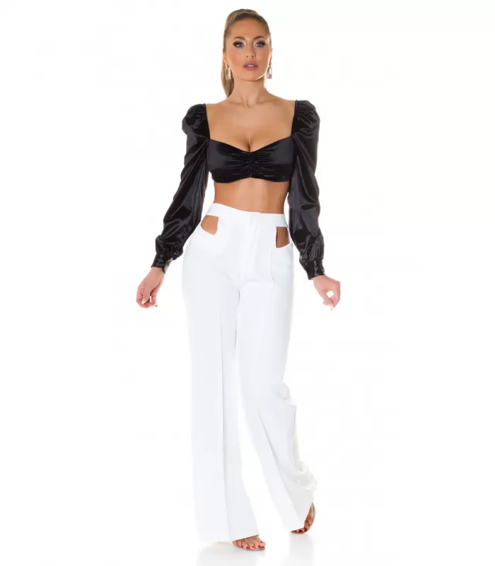 Koucla musta pitkähihainen lyhyt satiinipaita helmillä