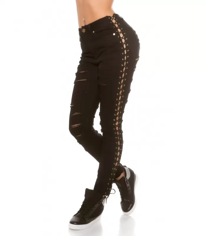 Koucla mustat revityt nyörikoristeiset farkut