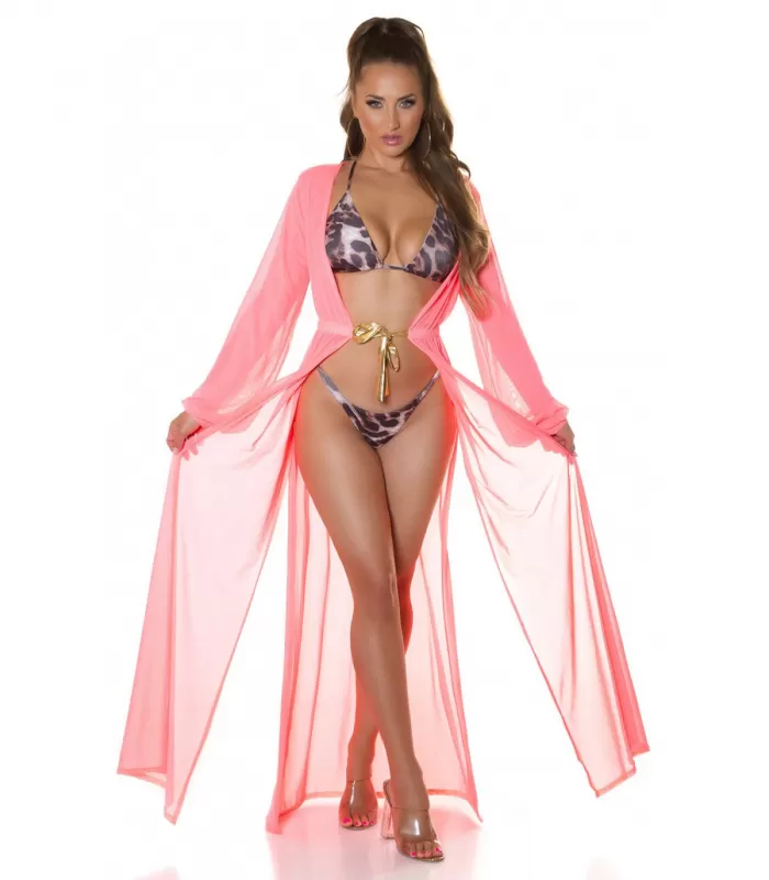 Koucla neonkoralli pitkä mesh-kimono kultanauhoilla