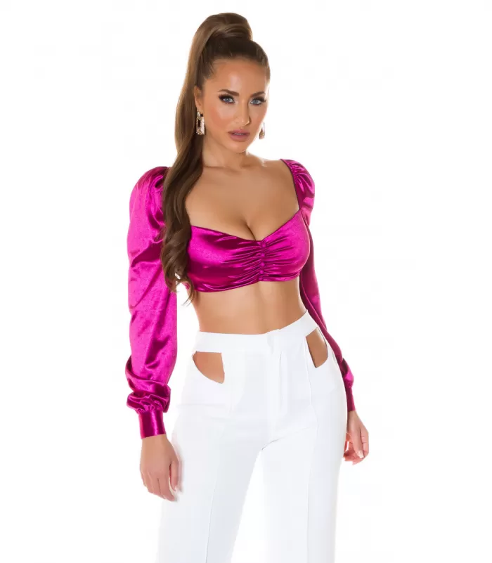 Koucla pinkki pitkähihainen lyhyt satiinipaita helmillä