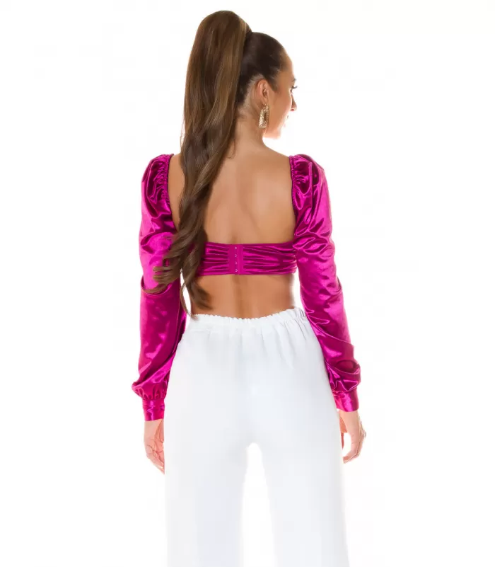 Koucla pinkki pitkähihainen lyhyt satiinipaita helmillä