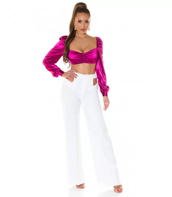 Koucla pinkki pitkähihainen lyhyt satiinipaita helmillä