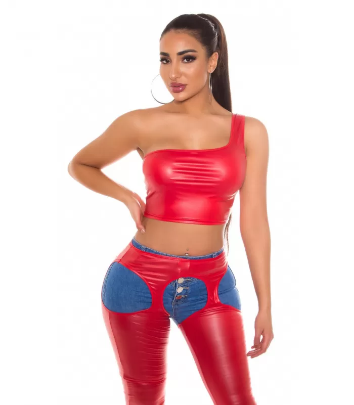 Koucla punainen lyhyt yksiolkaiminen wetlook toppi