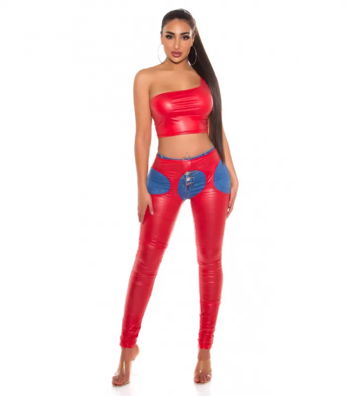 Koucla punainen lyhyt yksiolkaiminen wetlook toppi