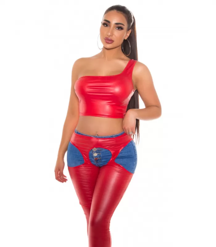 Koucla punainen lyhyt yksiolkaiminen wetlook toppi