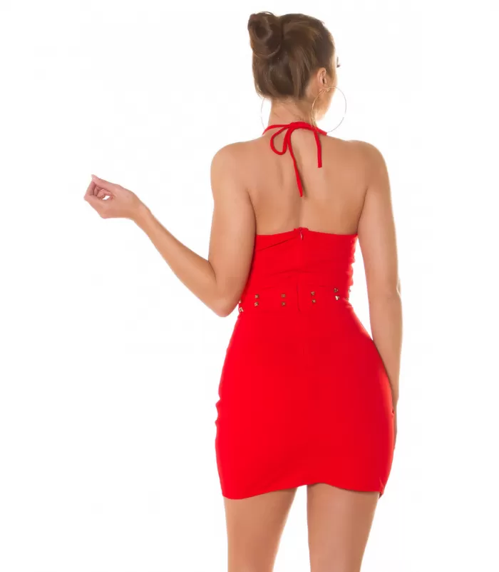 Koucla punainen niittikoristeinen halterneck v-minimekko