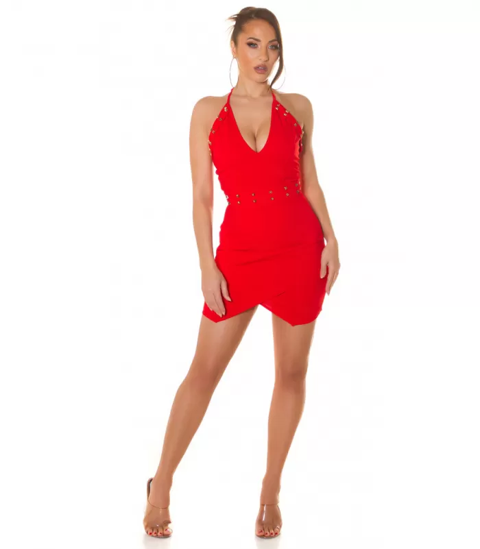 Koucla punainen niittikoristeinen halterneck v-minimekko