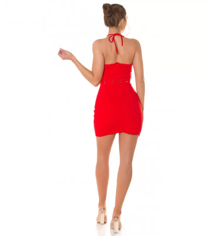 Koucla punainen niittikoristeinen halterneck v-minimekko