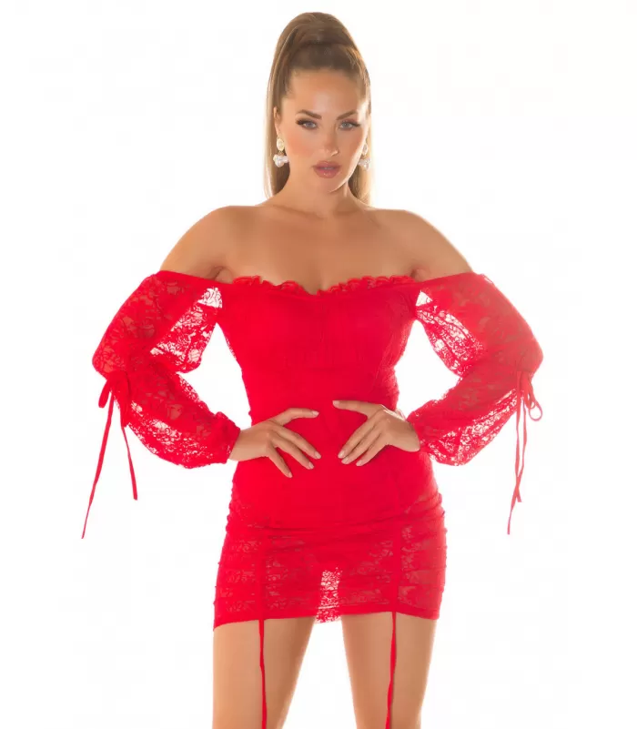 Koucla punainen off-shoulder pitsinen bodymekko nauhoilla