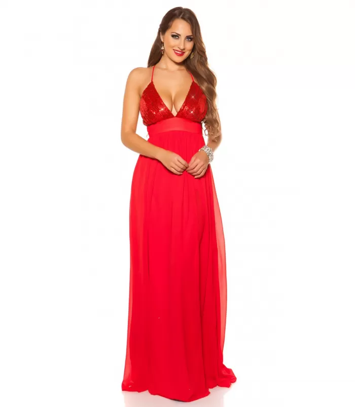 Koucla punainen pitkä juhlamekko paljeteilla