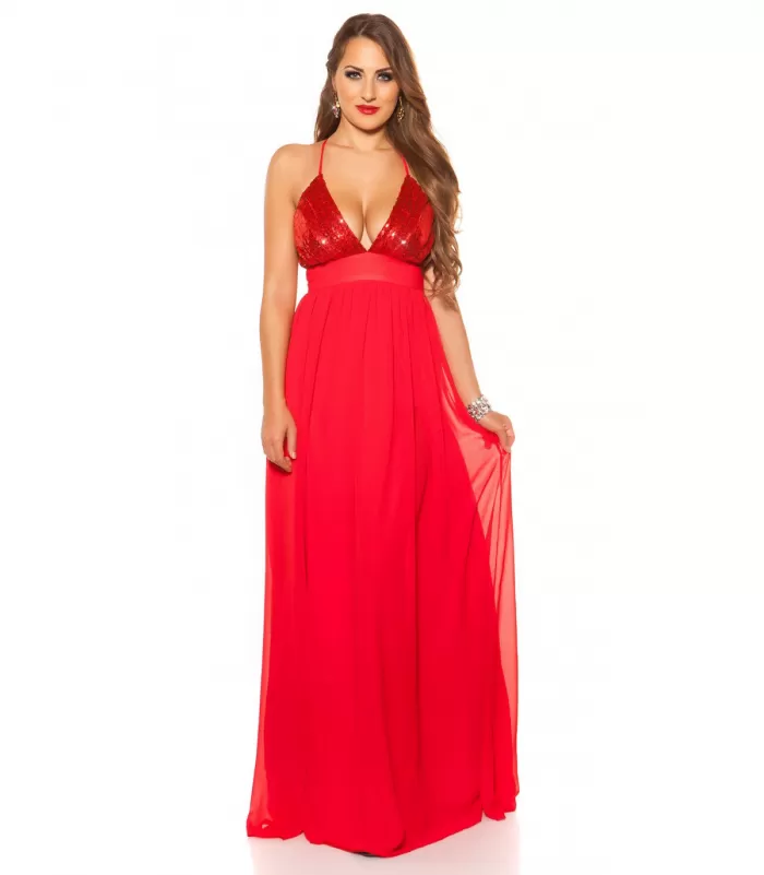 Koucla punainen pitkä juhlamekko paljeteilla
