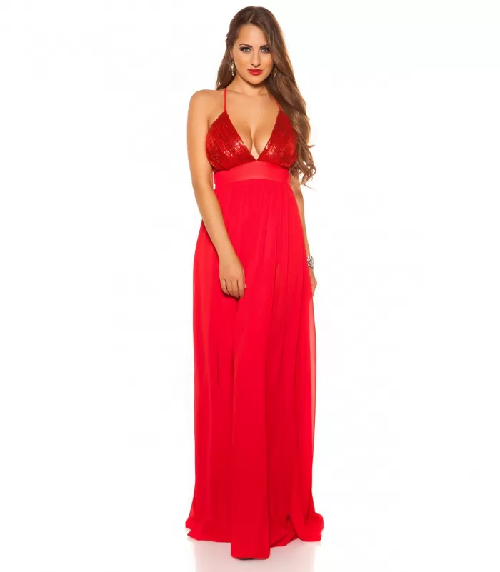 Koucla punainen pitkä juhlamekko paljeteilla