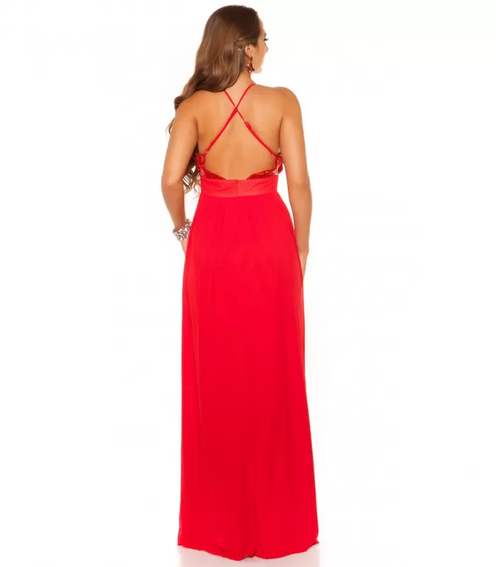 Koucla punainen pitkä juhlamekko paljeteilla