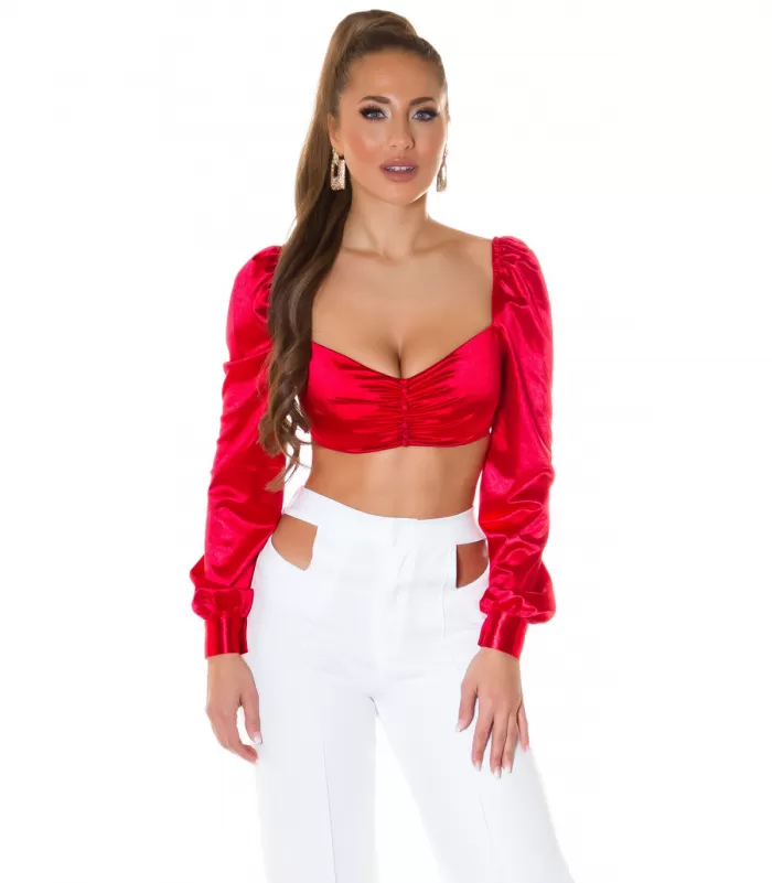 Koucla punainen pitkähihainen lyhyt satiinipaita helmillä