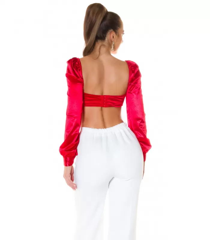 Koucla punainen pitkähihainen lyhyt satiinipaita helmillä