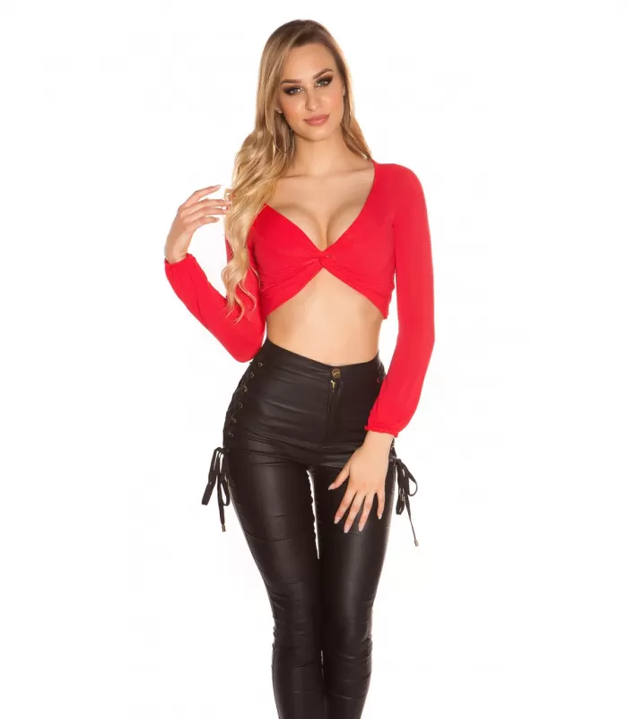 Koucla punainen pitkähihainen lyhyt v-solmupaita