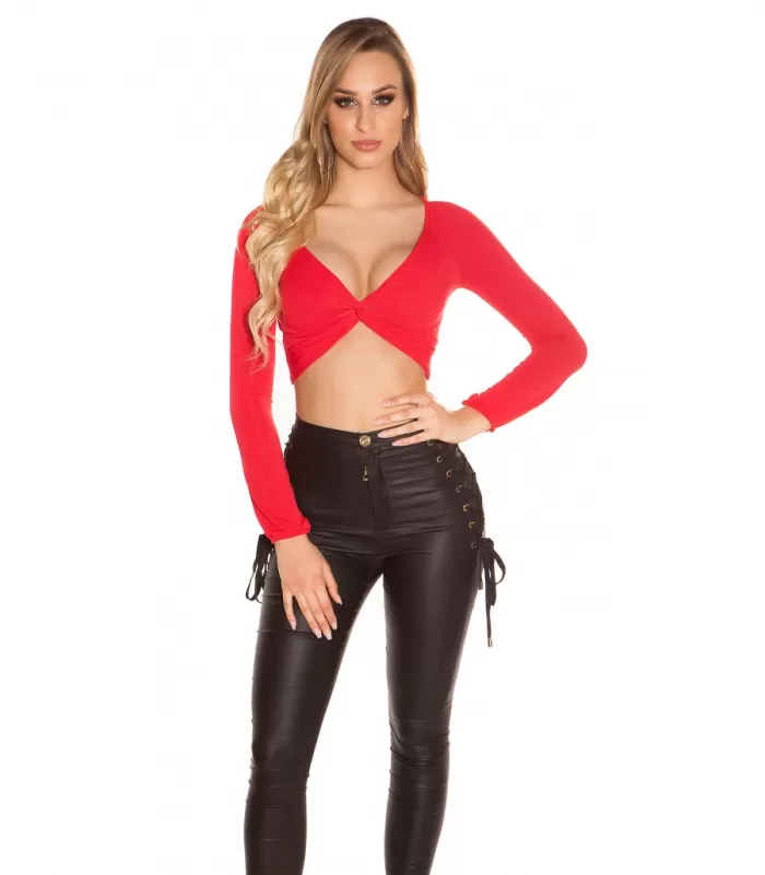 Koucla punainen pitkähihainen lyhyt v-solmupaita