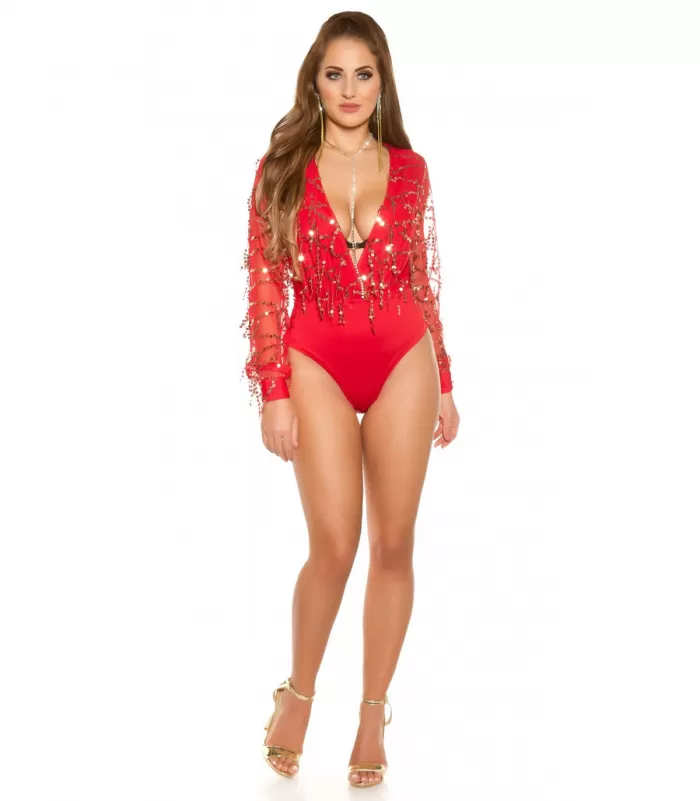 Koucla punainen pitkähihainen v-body paljeteilla