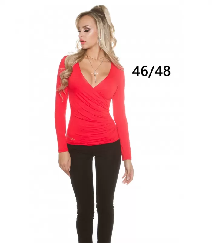 Koucla punainen pitkähihainen wrap-look v-paita (plus size)