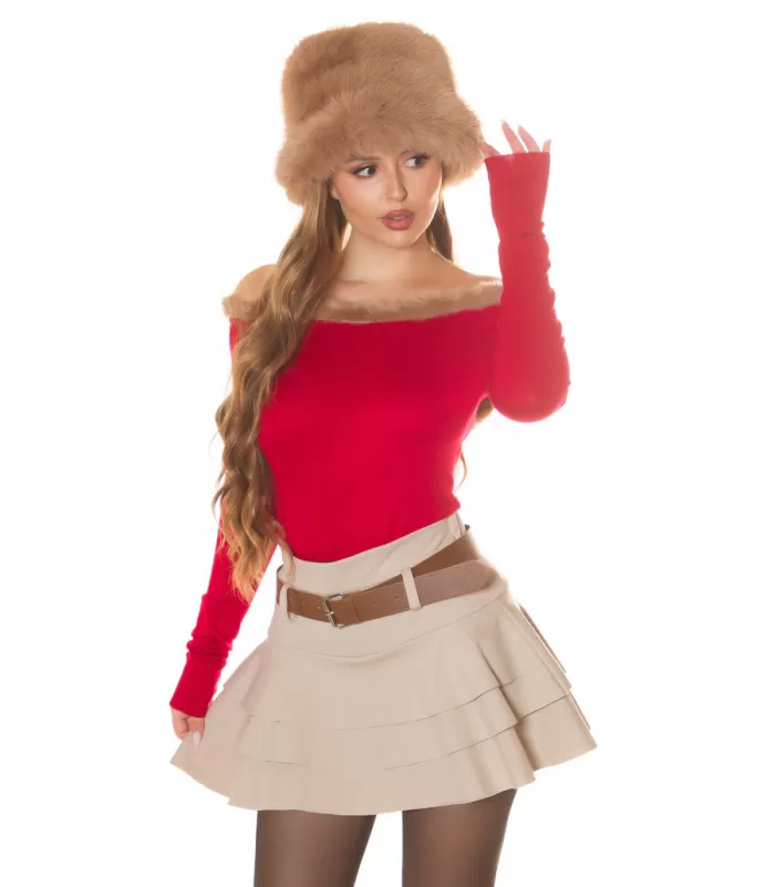 Koucla punainen turkiskauluksellinen neule