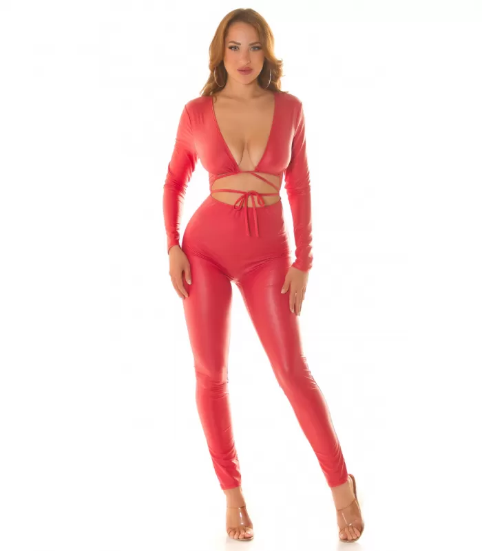 Koucla punainen wetlook catsuit nauhoilla