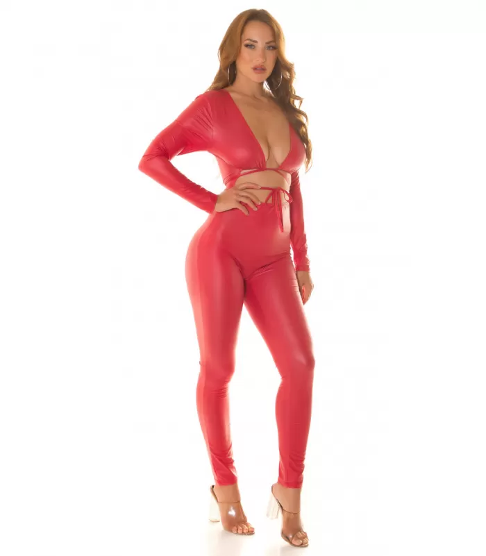 Koucla punainen wetlook catsuit nauhoilla